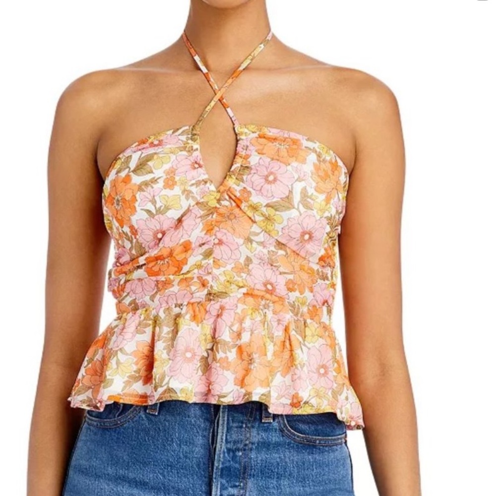 Aqua Retro Floral Halter Top in Pink and Orange